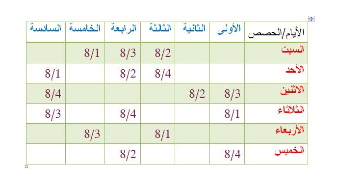 جدول الحصص الاسبوعي للمعلمين 2