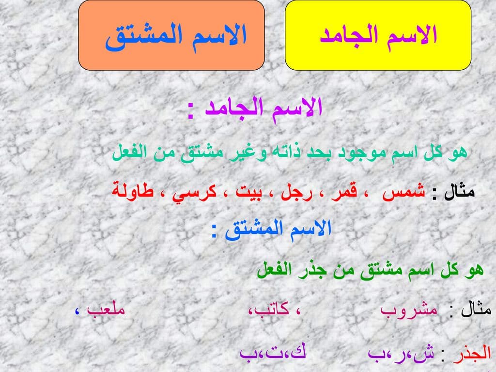 امثلة عن الاسماء الجامدة والمشتقة