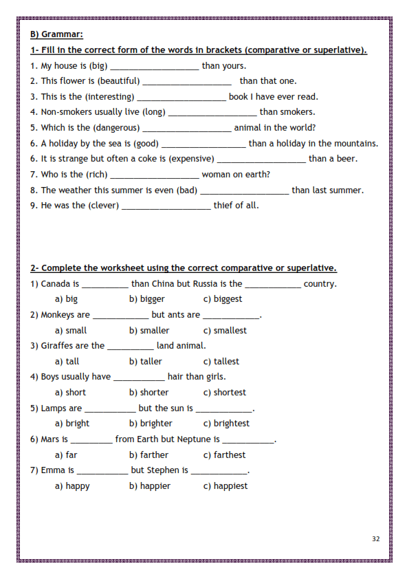 ورقة عمل عن comparative and superlative