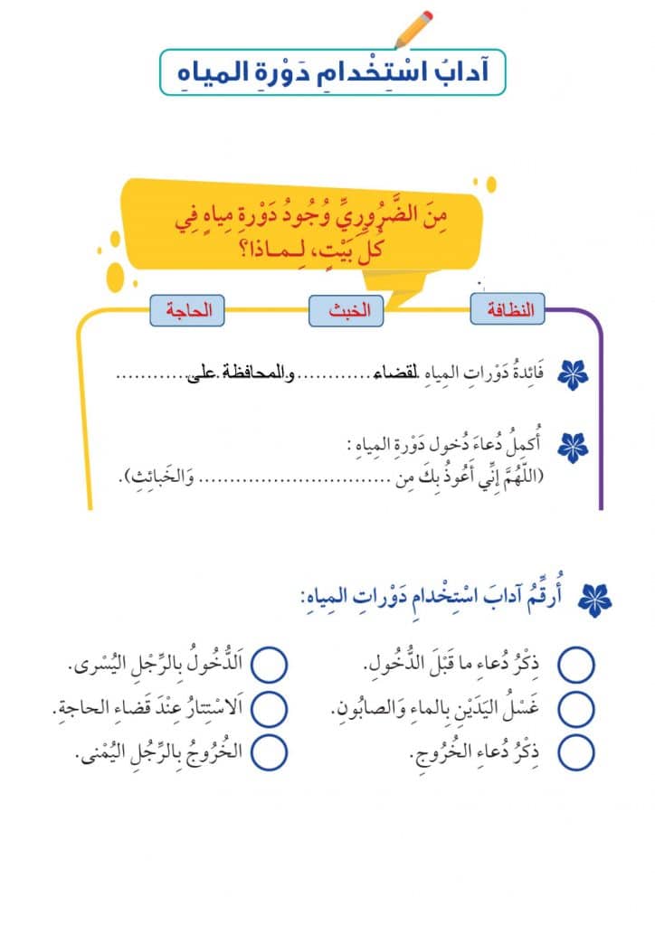 ورقة عمل تفاعلية آداب قضاء الحاجة 1
