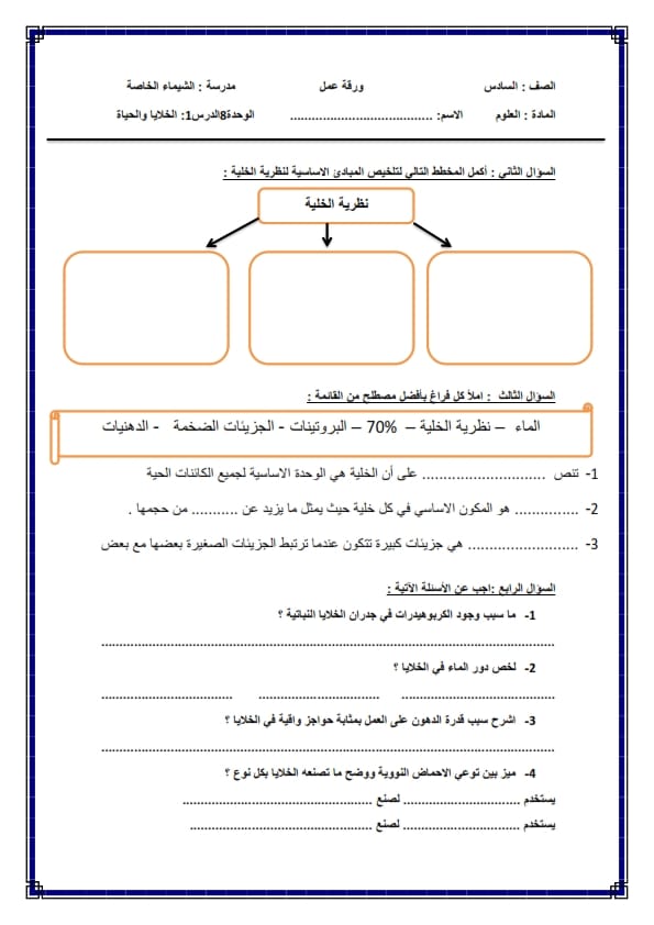 حل ورقه عمل للصف السادس 3