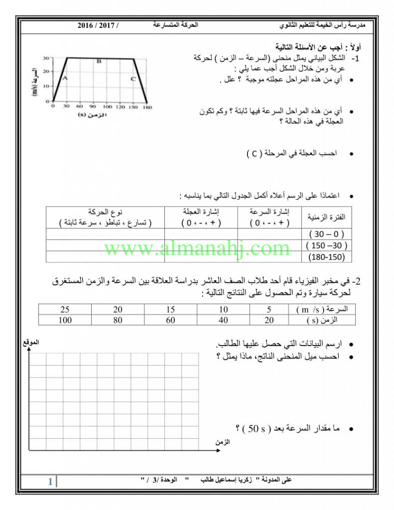 ورقــة عمل الحركة بتسارع ثابت 4