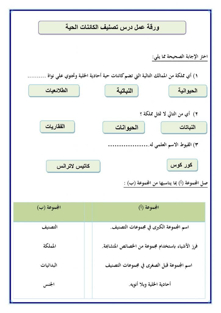 ورقة عمل تصنيف الكائنات الحية  2
