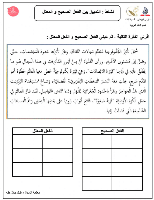 ورقة عمل الصحيح والمعتل للصف السابع 1