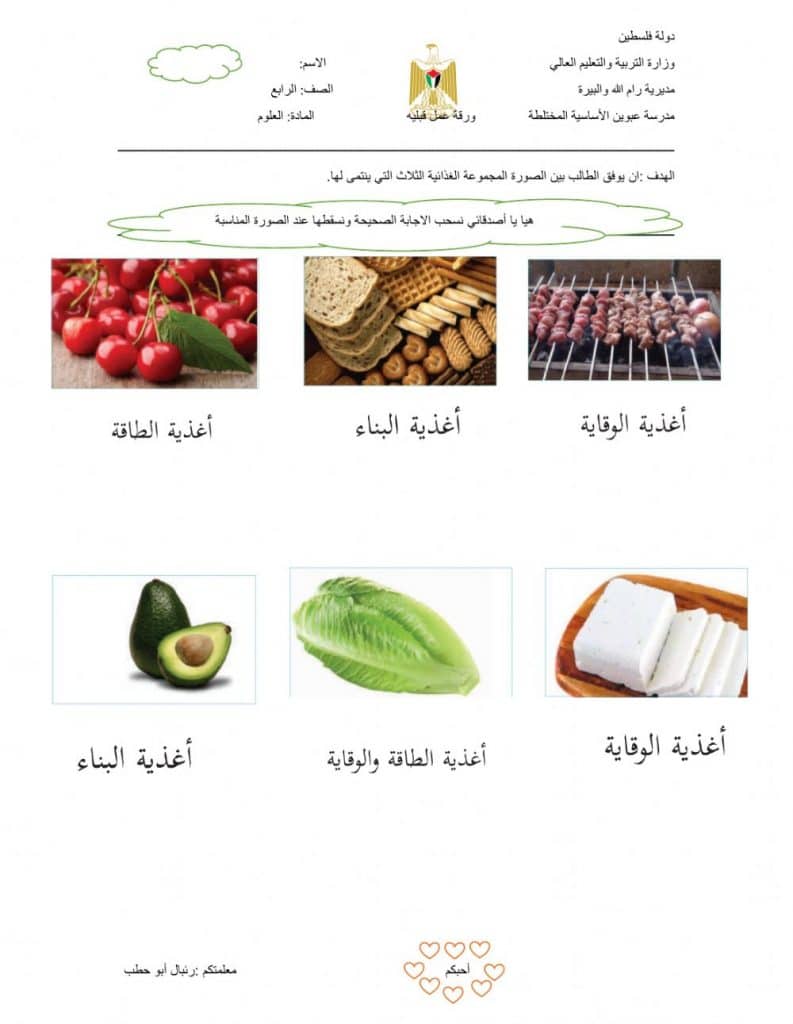 ورقة عمل علوم للصف الرابع المجموعات الغذائية 2