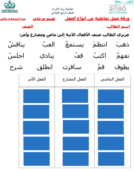 ورقة عمل الفعل الماضي والمضارع والامر 1