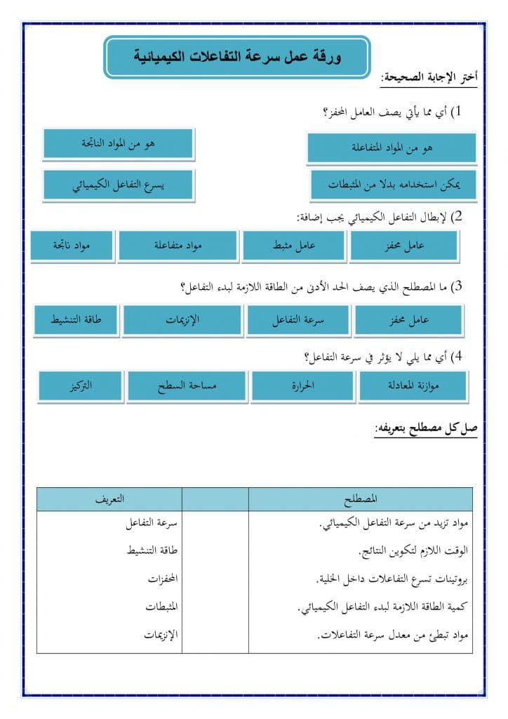 ورقة عمل سرعة التفاعلات الكيميائية ثالث متوسط