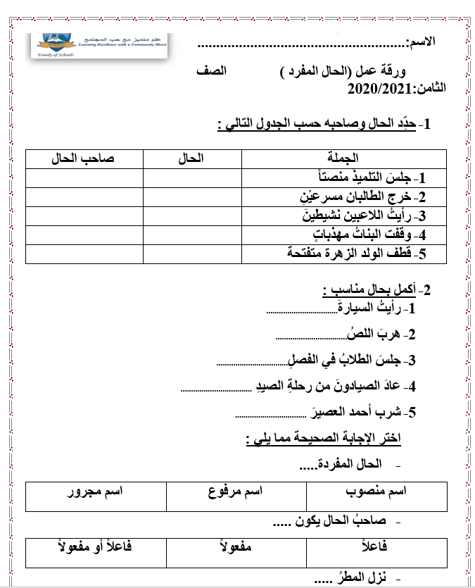 ورقة عمل الحال