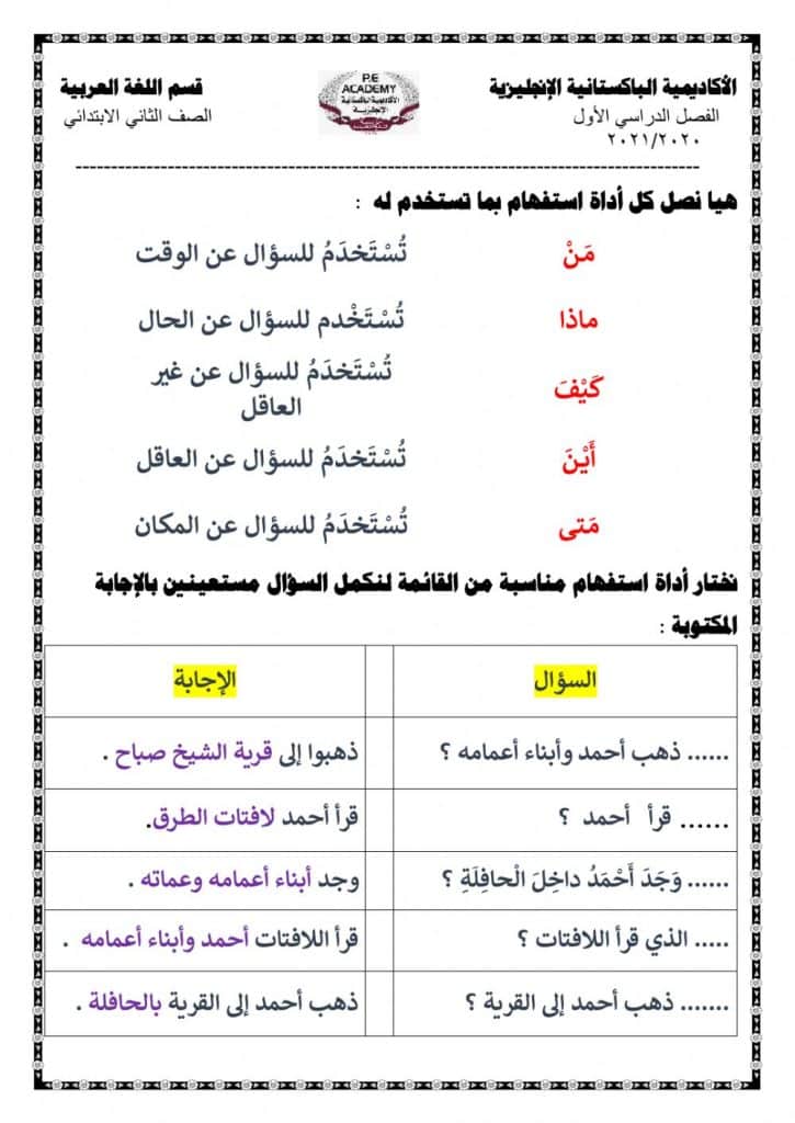 ورقة عمل أدوات الاستفهام  1