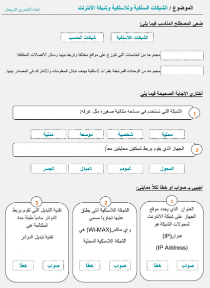 ورقة عمل الشبكات السلكية واللاسلكية والانترنت