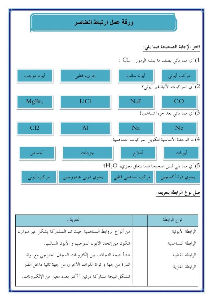 ورقة عمل ارتباط العناصر ثالث متوسط