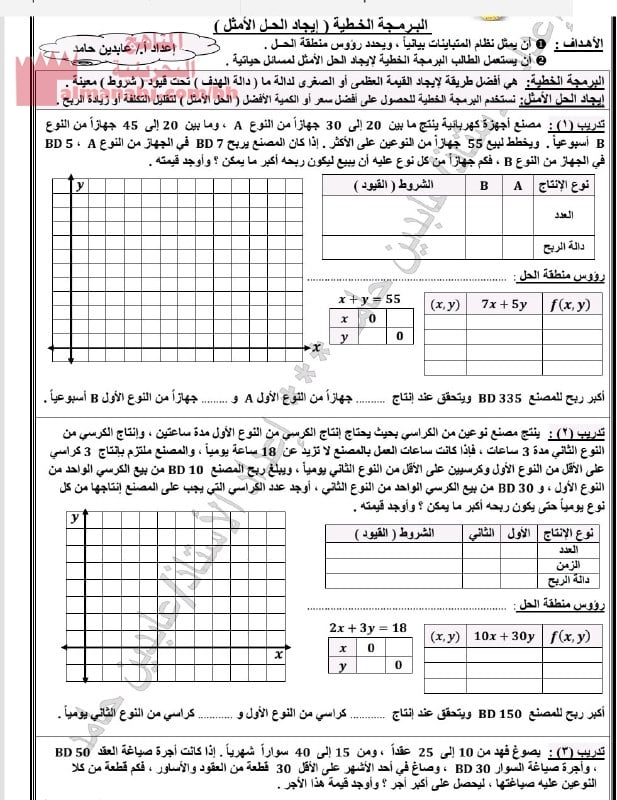 ورقة عمل البرمجة الخطية 2