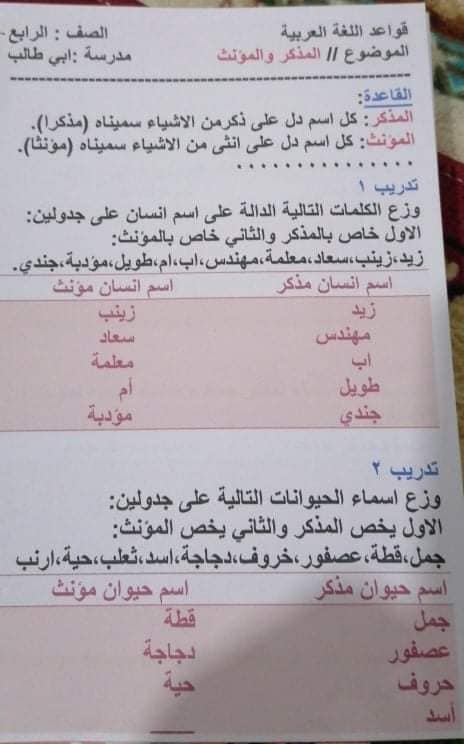 تمارين المذكر والمؤنث للصف الرابع 1