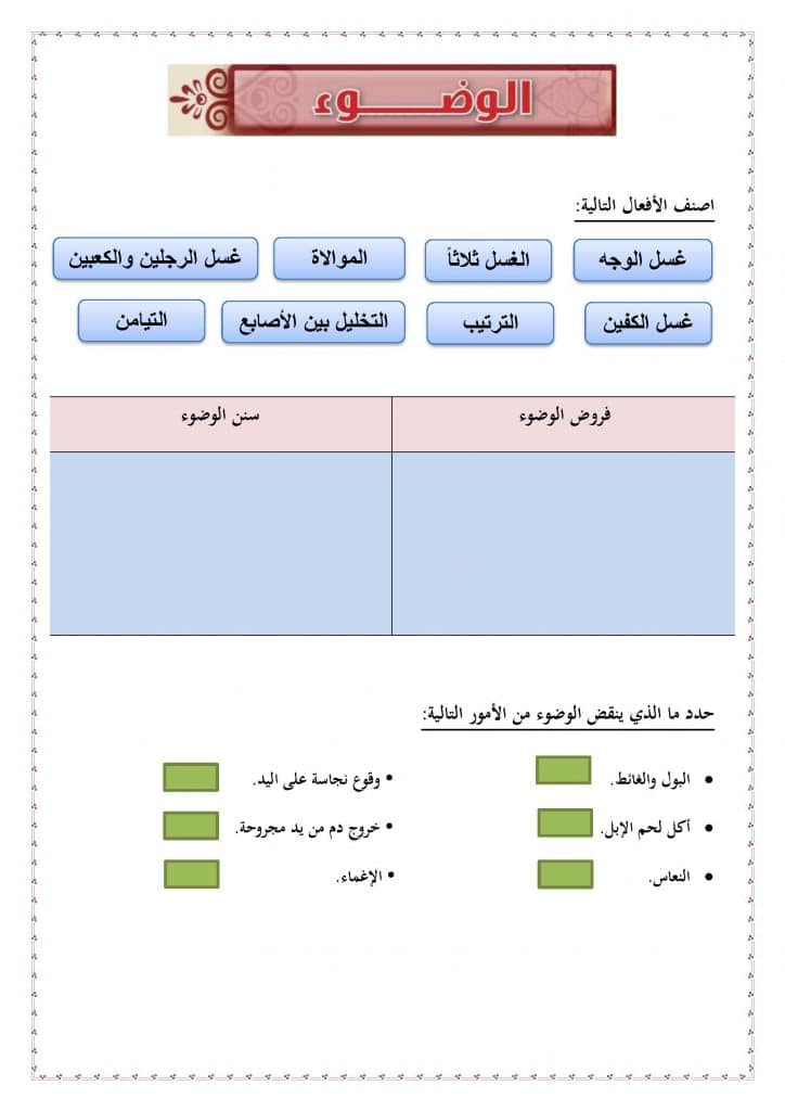 ورقة عمل الوضوء 3
