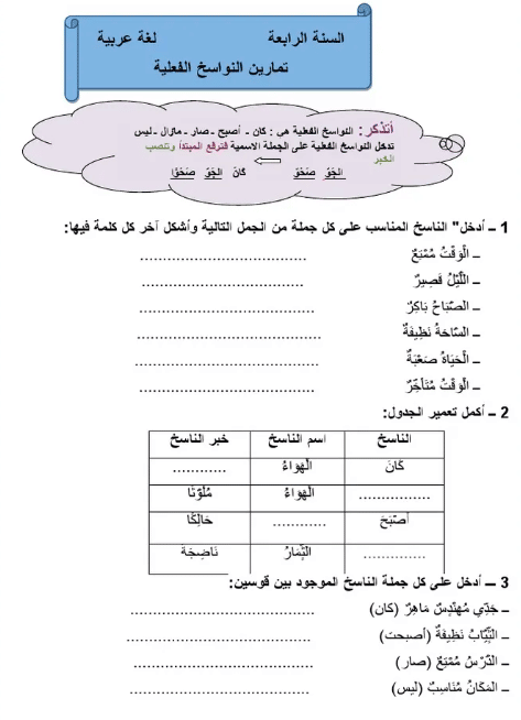 ورقة عمل النواسخ الفعلية والحرفية 1