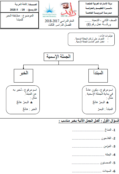 ورقة عمل المبتدأ والخبر للصف السادس
