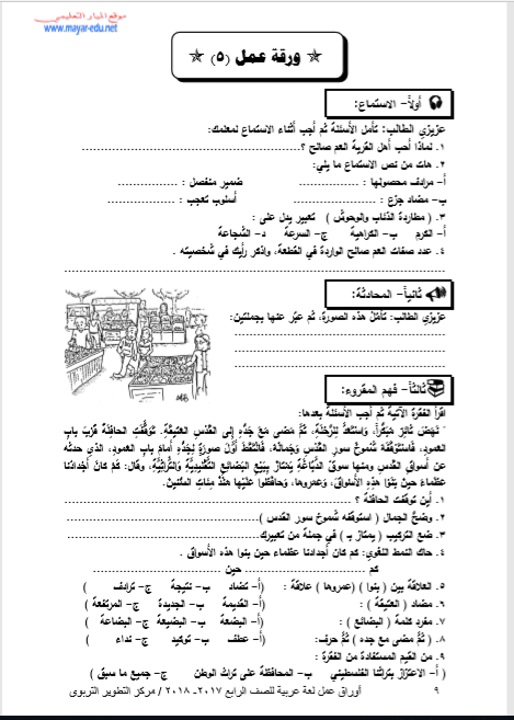 ورقة عمل درس جولة في أسواق القدس