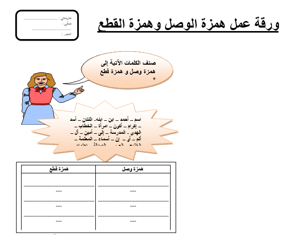 أوراق عمــل همزة الوصل والقطع تمارين 1