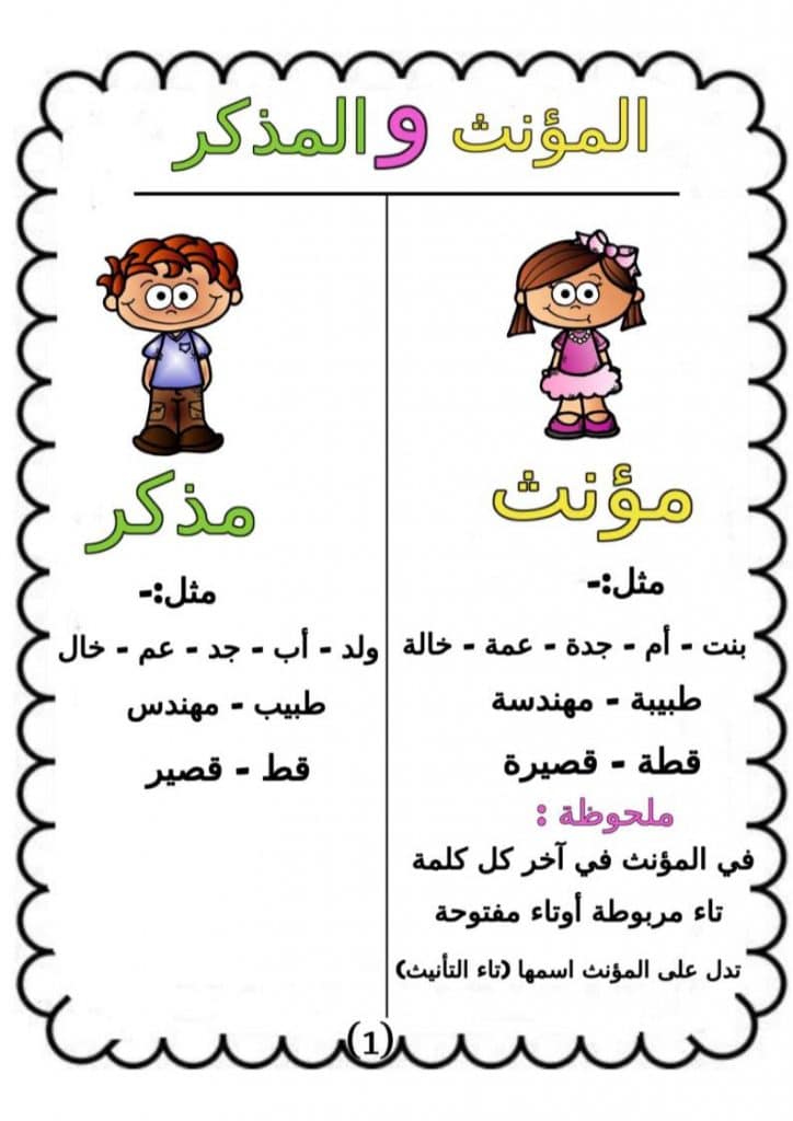 ورقـة عمل المذكر والمؤنث للصف الأول 1