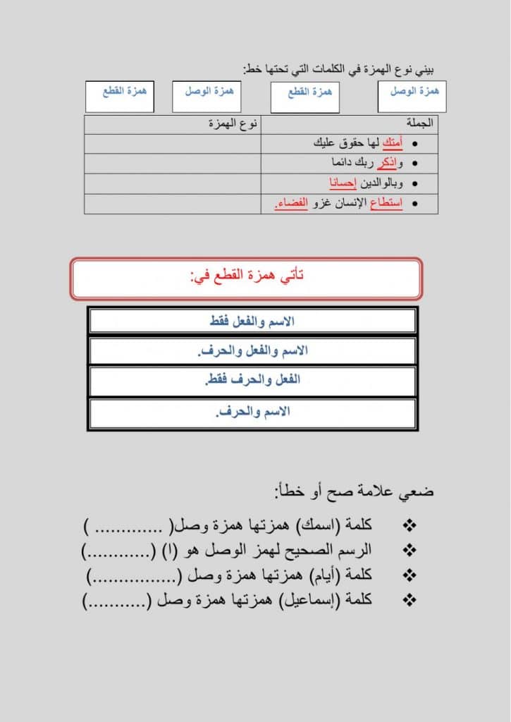 ورقة عمــل همزة الوصل والقطع للصف الخامس 2