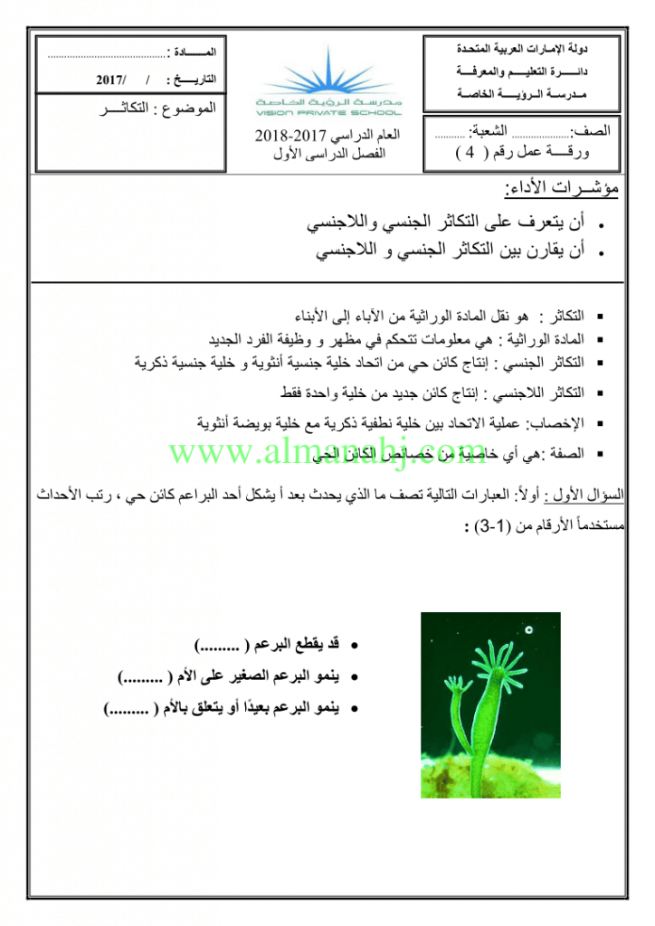 ورقة عمل مراجعة التكاثر في النباتات 6