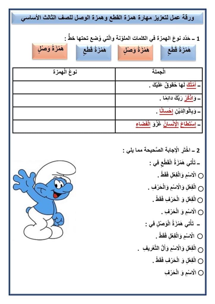 ورقة عمــل همزة الوصل والقطع للصف الخامس 5