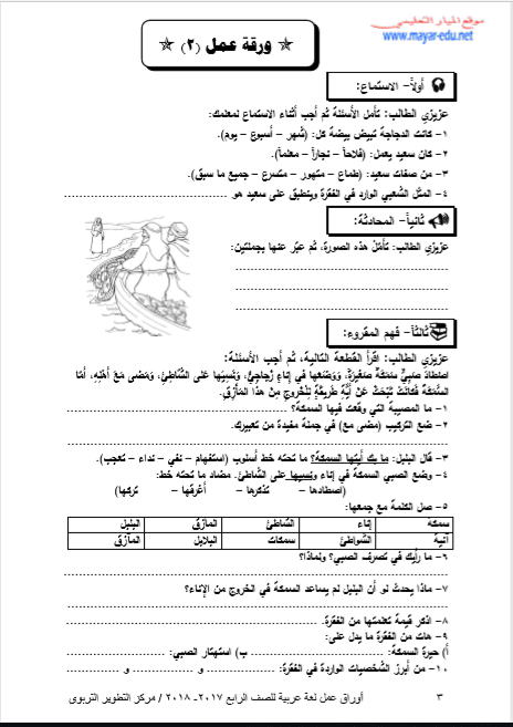 ورقة عمل في درس السمكة والحرية 1