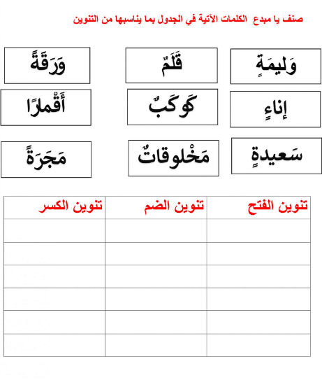 ورقة عمل تنوين الفتح