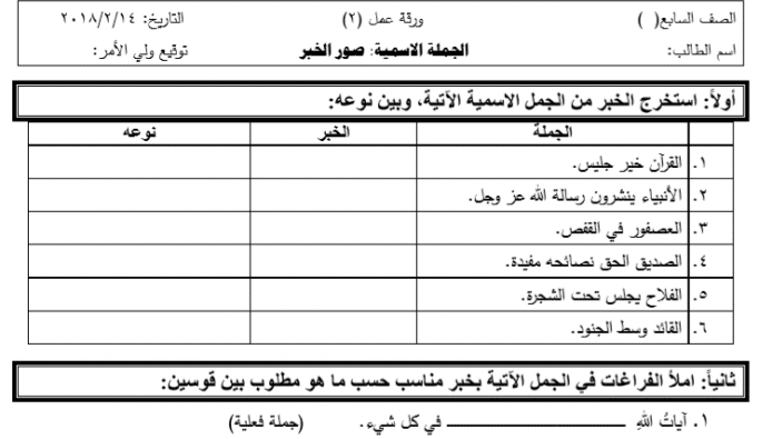 ورقة عمل المبتدأ والخبر للصف السابع
