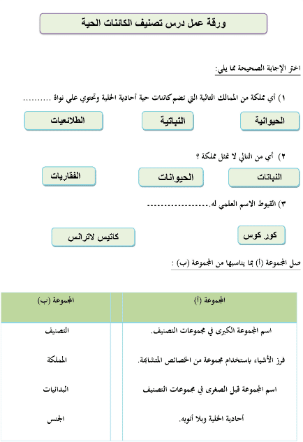 ورقة عمــل تصنيف المخلوقات الحية 3