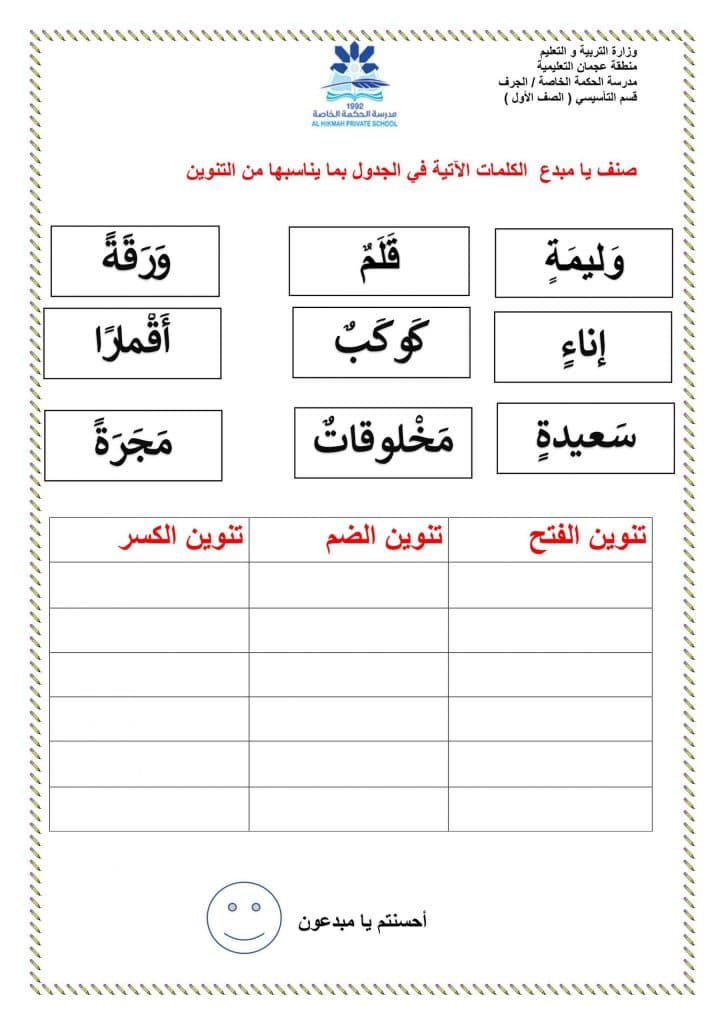 ورقة عمل عن التنوين بانواعه