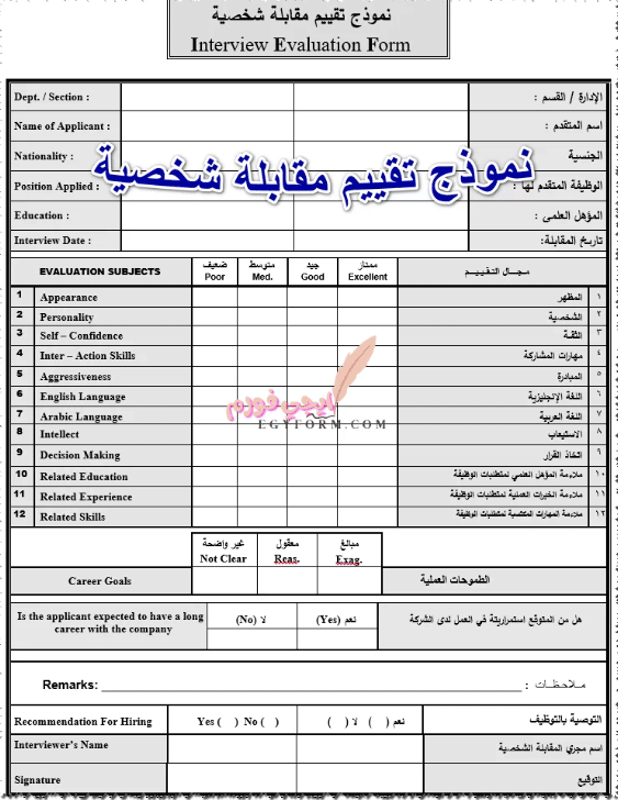 نموذج مقابلة شخصية لوظيفة