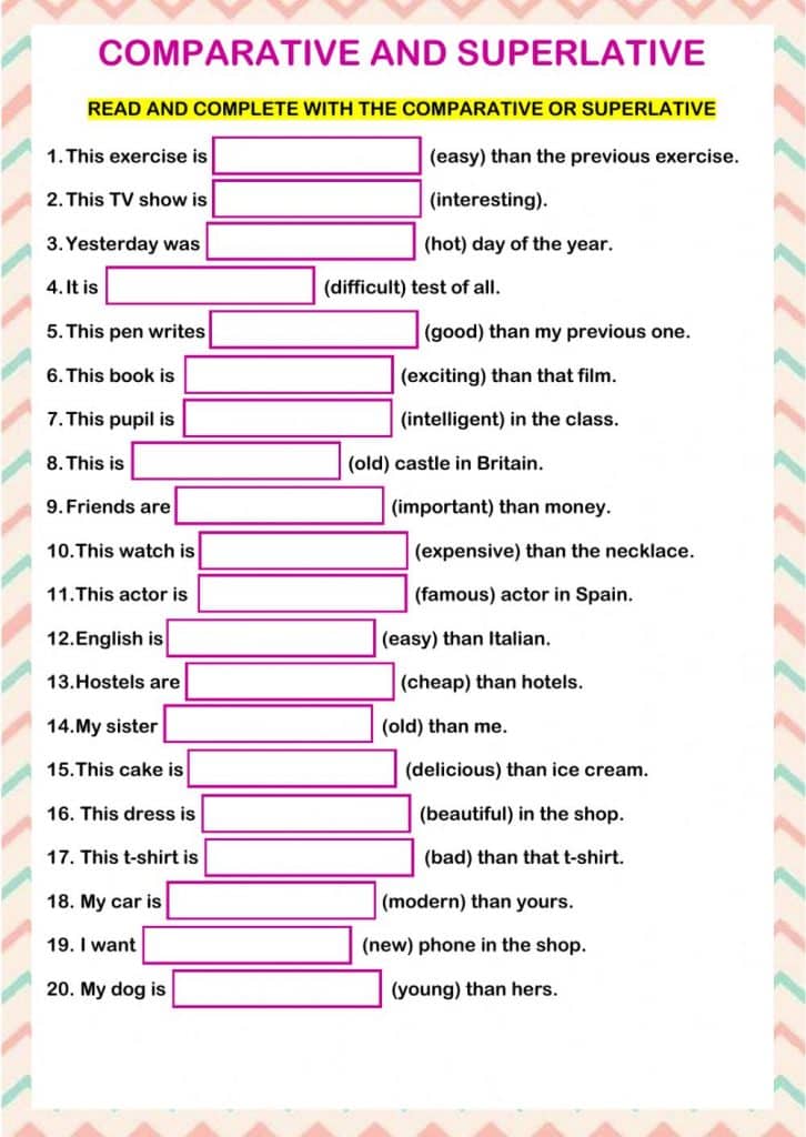 ورقة عمل عن Comparative and Superlative 2