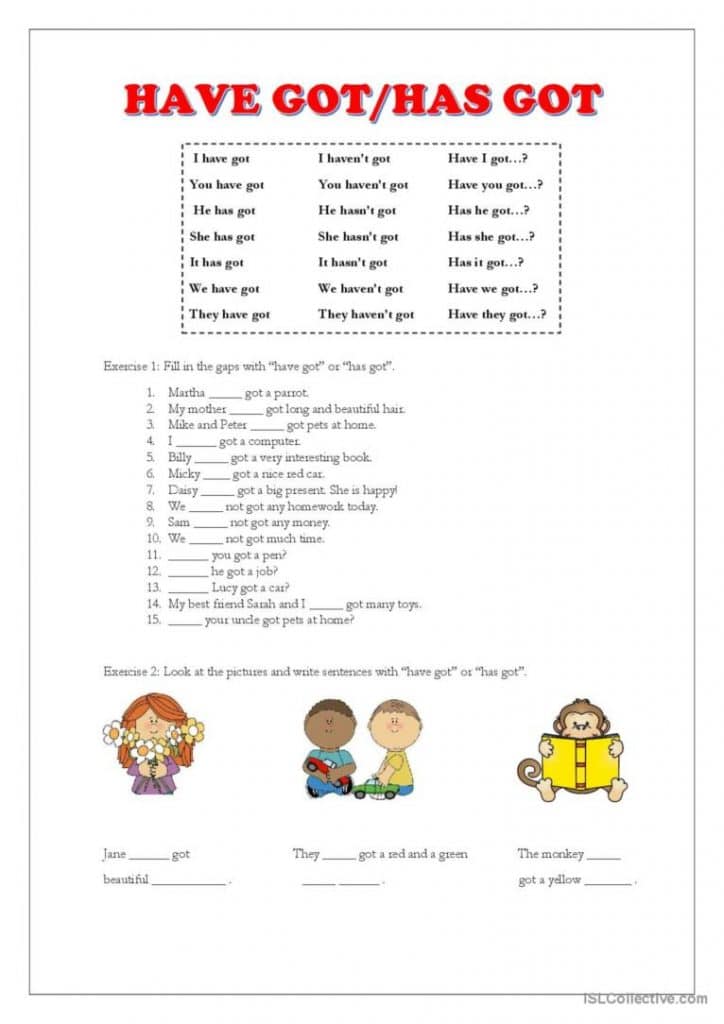 2 Have got and has got worksheets