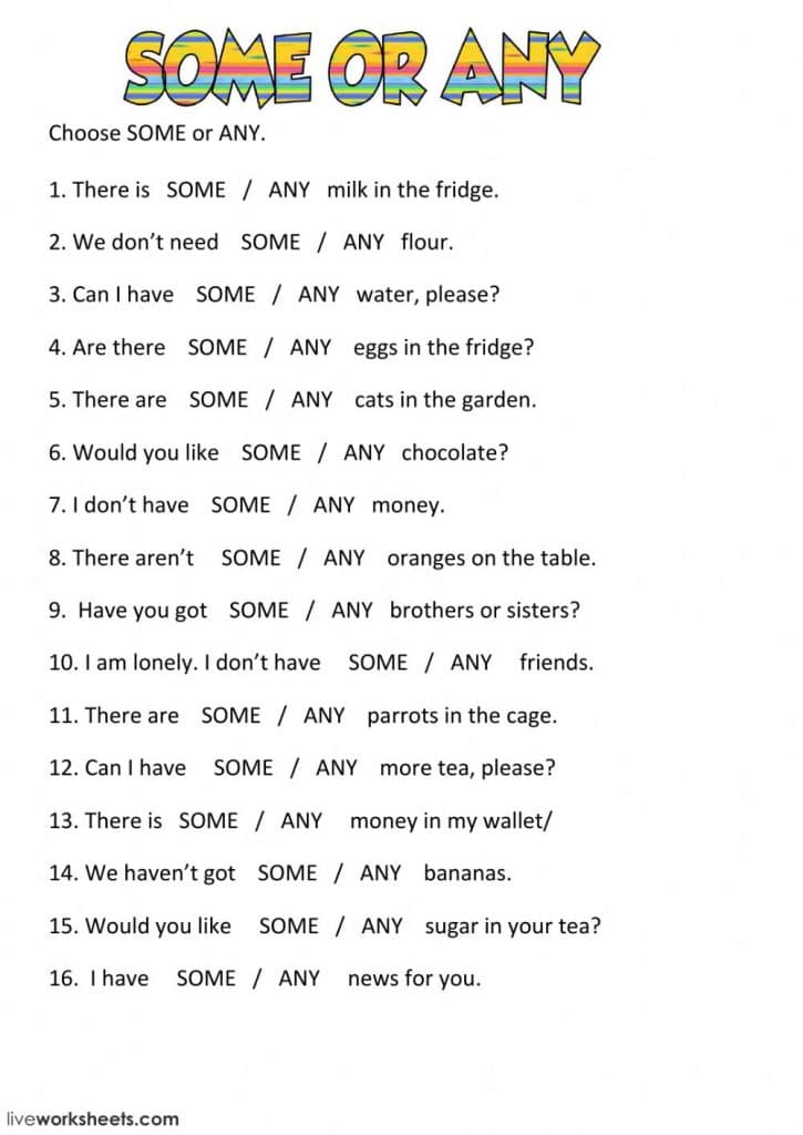 ورقة عمل عن some, any