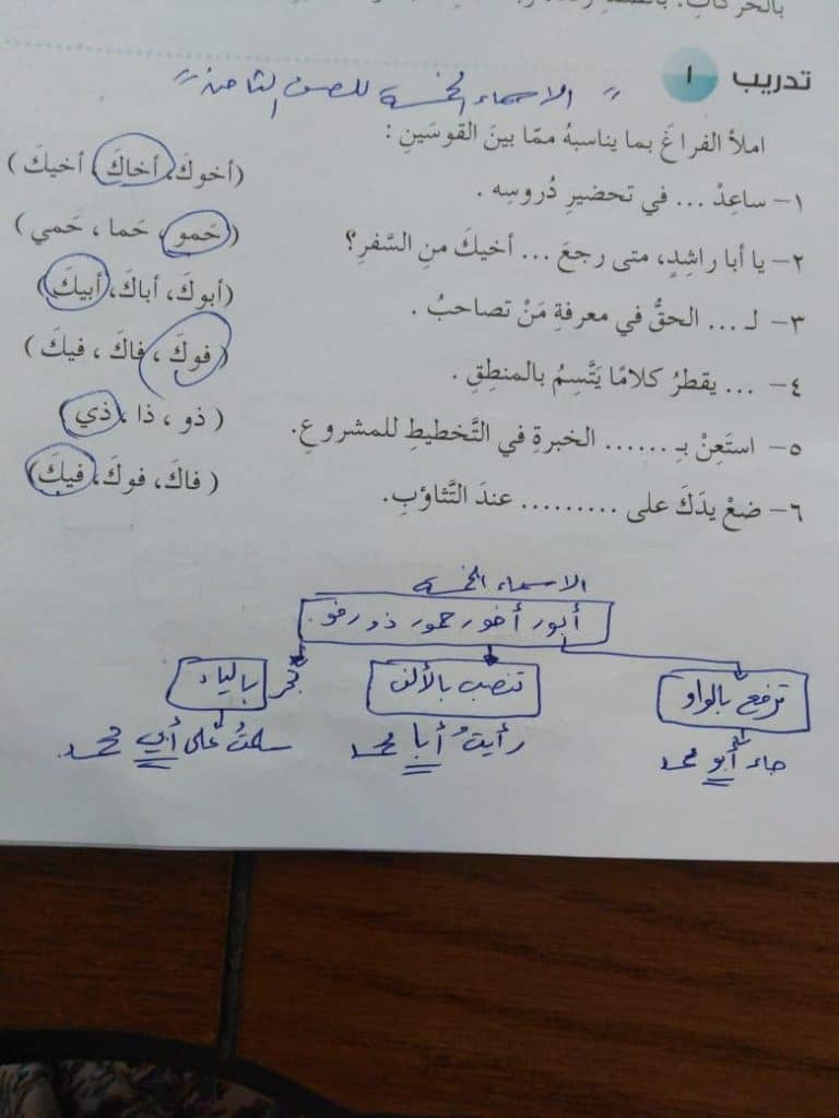 تدريبات على الأسماء الخمسة للصف الثامن 1