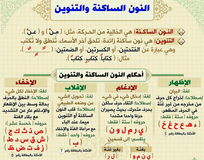 أمثلة على أحكام الميم الساكنة والتنوين