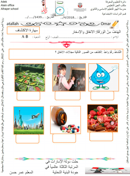 أوراق عمل الدراسات الاجتماعية للصف الرابع الفصل الثالث 2