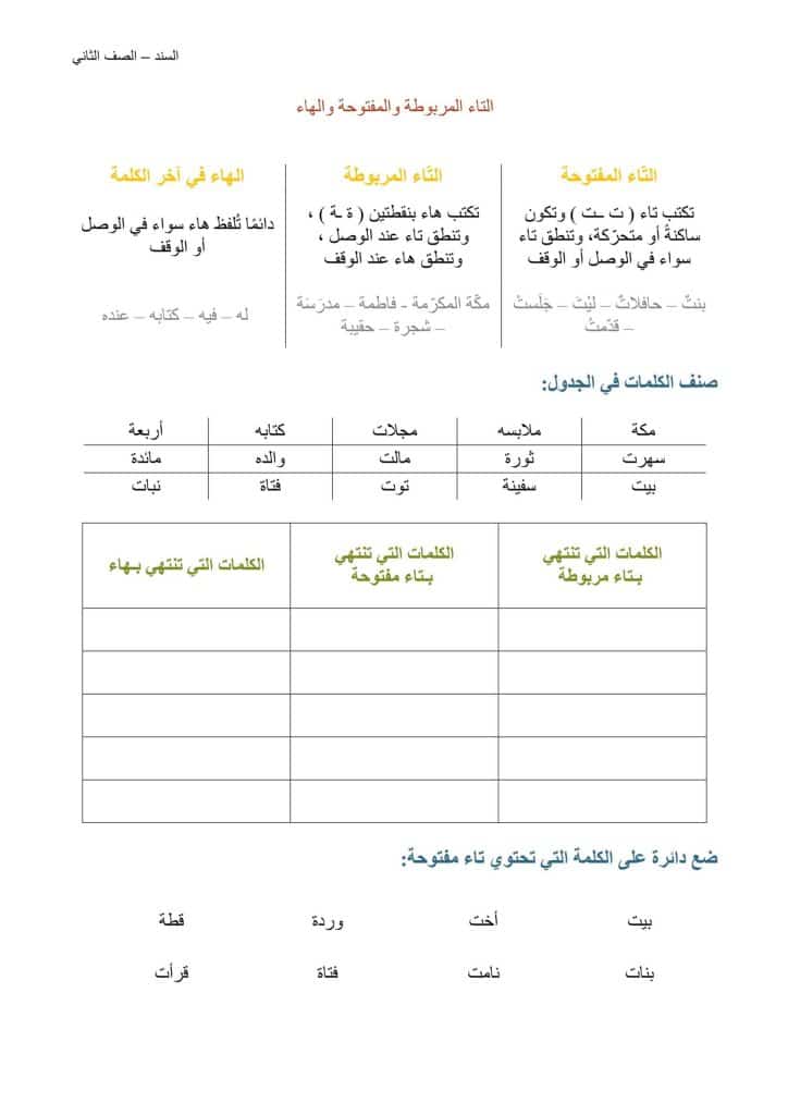 ورقة عمل التاء المربوطة والهاء للصف الثاني