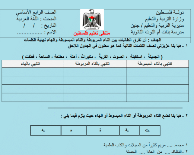 ورقة عمل التاء المربوطة والمفتوحة والهاء
