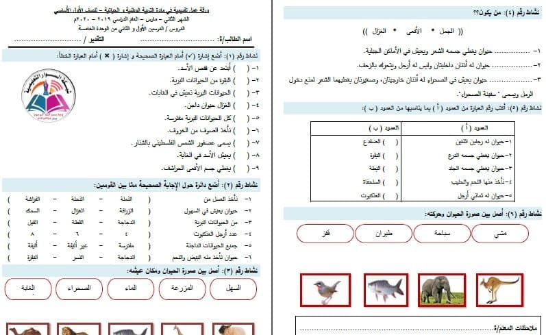 اوراق عمل التربية الوطنيـة للصف الاول الفصل الثاني